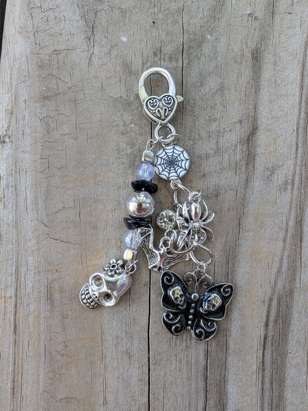 Silver & Black Halloween Charm Keychain with Butterfly and Skull